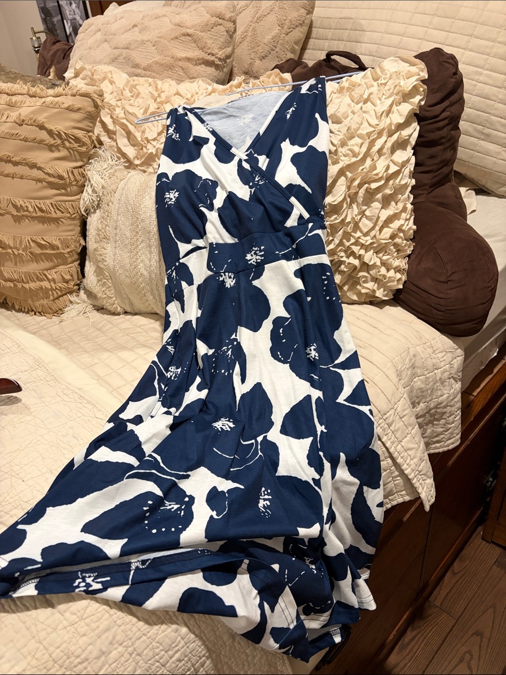 Blue and White Floral Maxi Dress with V-Neck Wrap